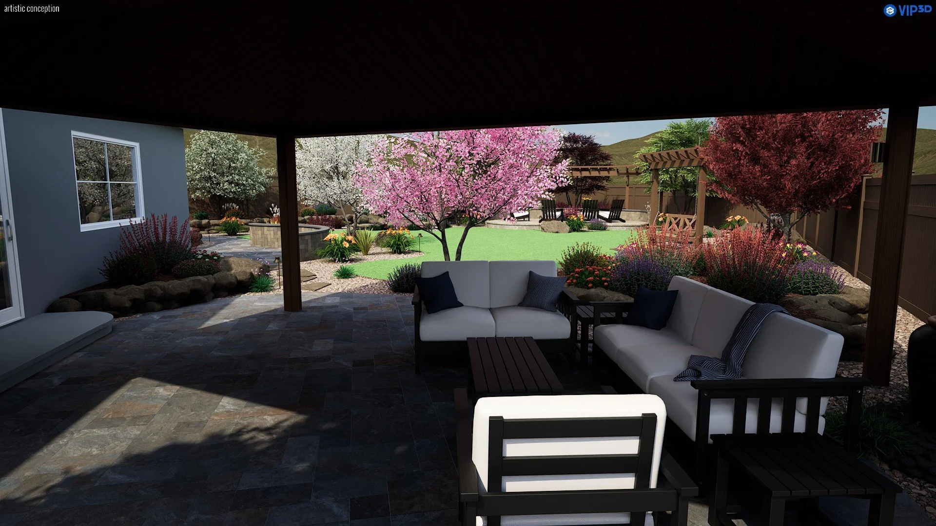 Dublin, CA backyard design concept with turf, boulders, decorative rock, garden boxes, and landscape lighting. 