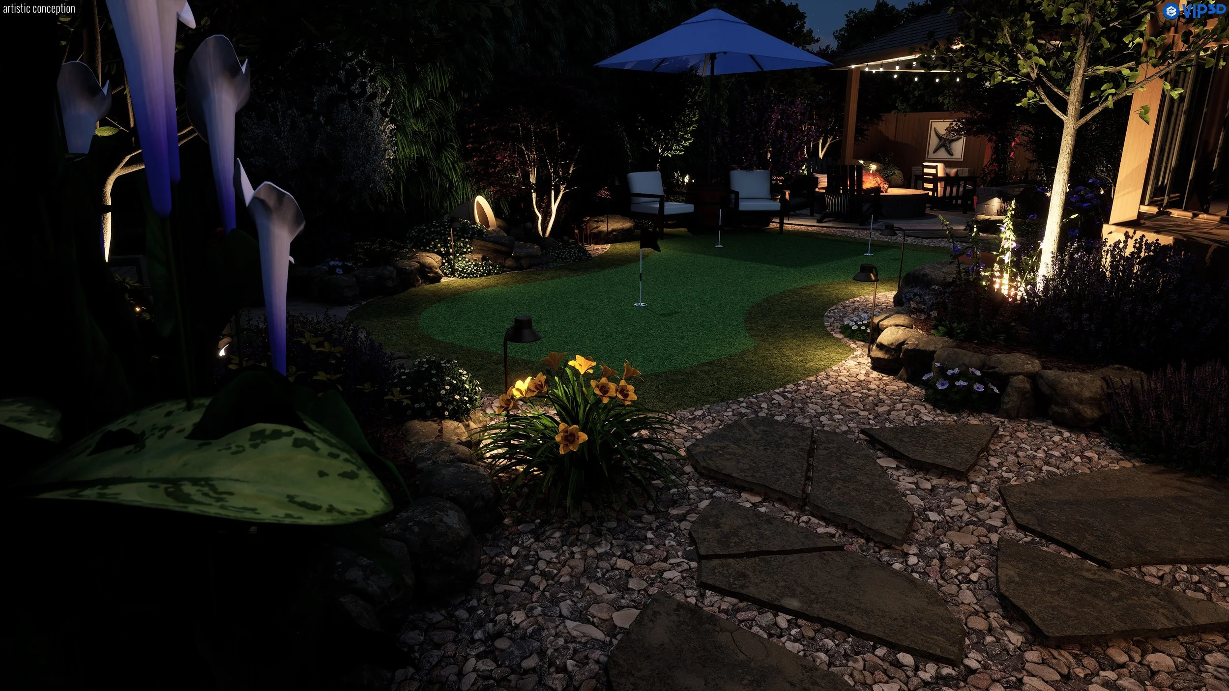 Nighttime view of a landscaped backyard with a putting green, garden beds, string lights, patio furniture, umbrella, trees, and decorative lighting.