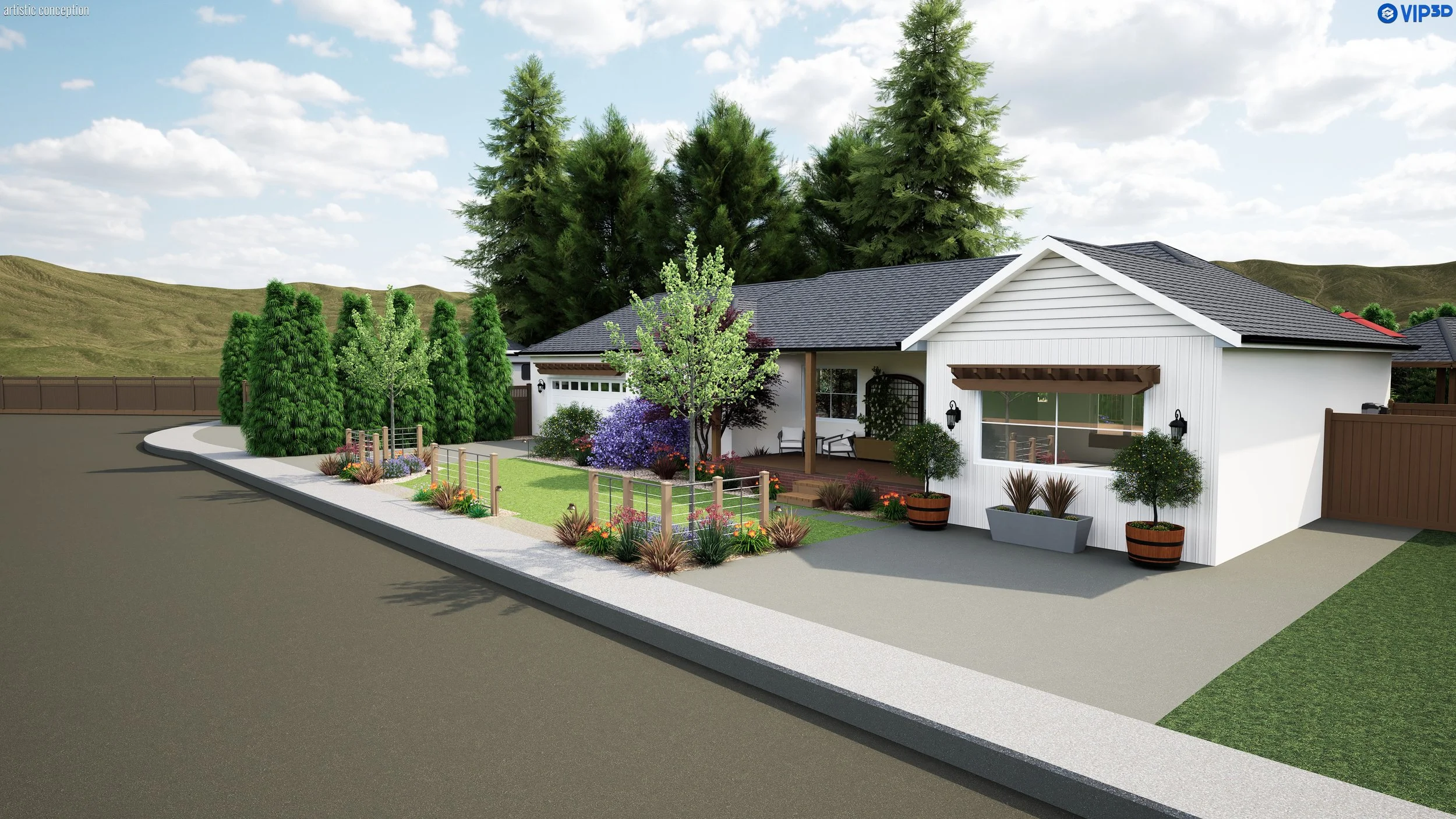 A modern single-story house with white siding and a dark gray roof, surrounded by a landscaped front yard with various trees and colorful plants, set against a backdrop of green hills and a partly cloudy sky.