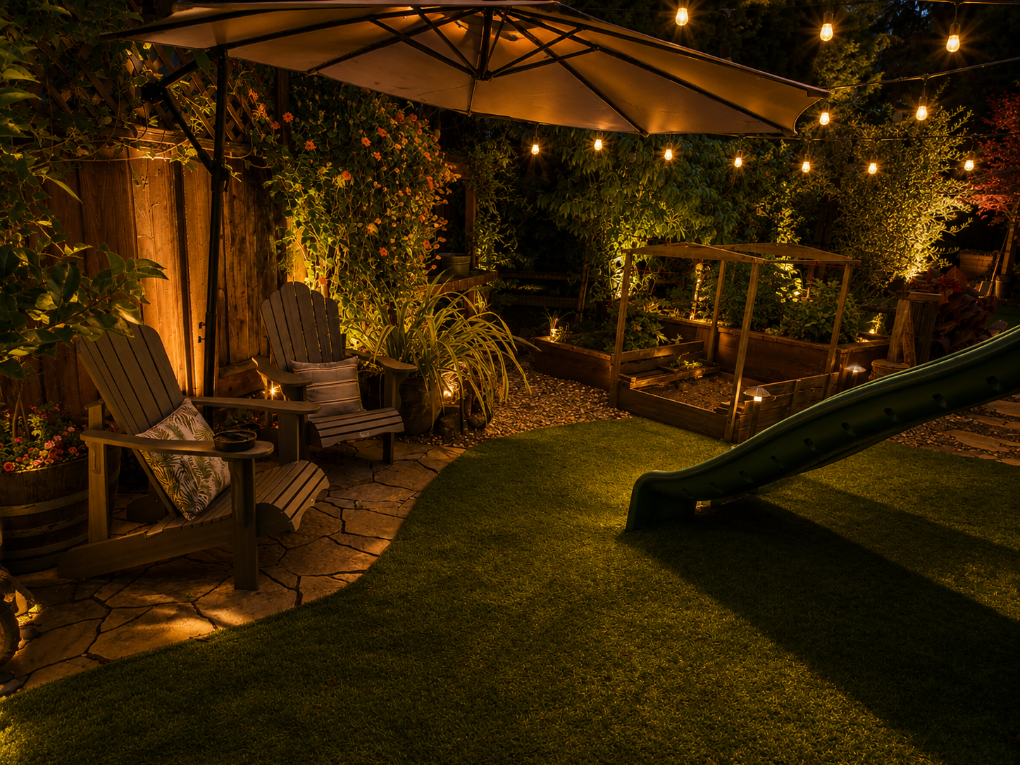 A cozy backyard patio at night illuminated with string lights and garden lanterns. It features two Adirondack chairs with pillows, a sliding grass playground slide, and raised garden beds with plants and vegetables. The area is surrounded by a wooden fence with lush greenery and flowers.
