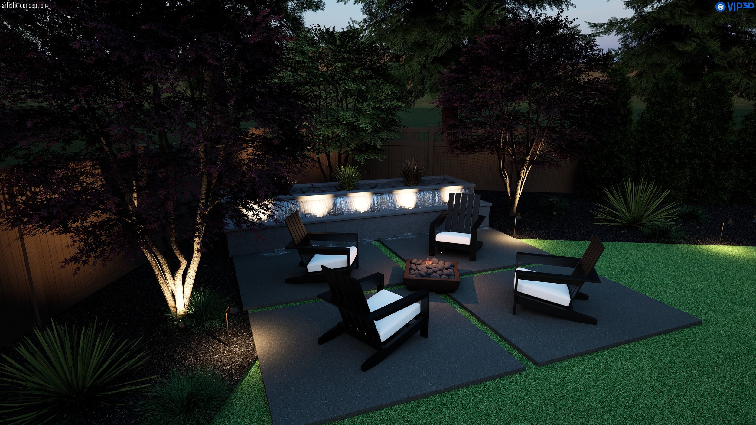Nighttime backyard scene with outdoor seating area, fire pit, water fountain feature, tall trees, and landscaped plants illuminated by landscape lighting.