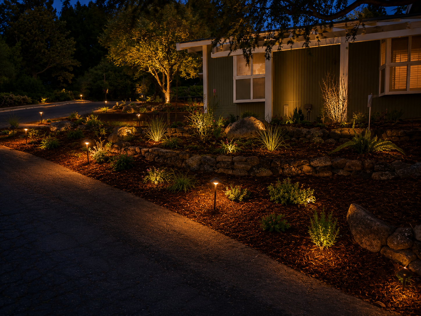 A landscaped front yard of a house illuminated at night with pathway and garden lights, featuring rocks, plants, and a green house exterior.