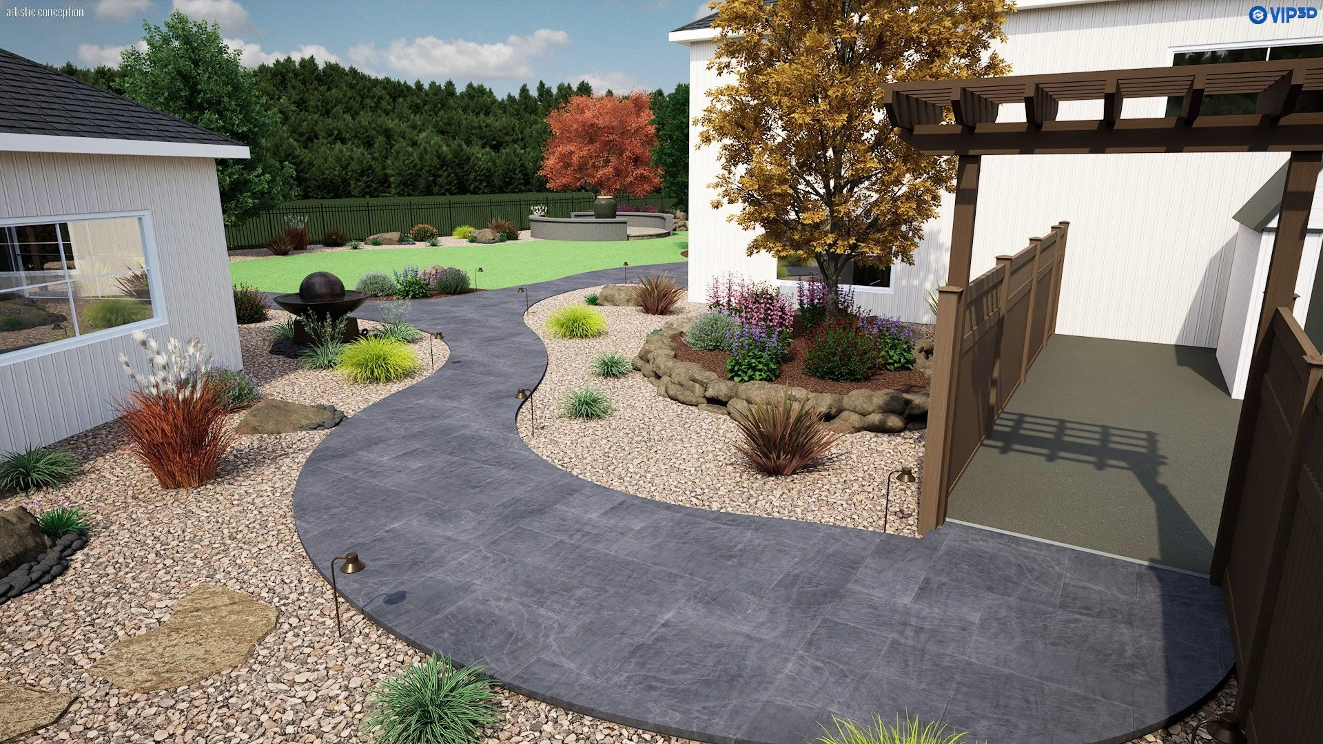 3D estate landscape plan with turf, planting beds, hardscape, ADU layout, and expansive backyard design.