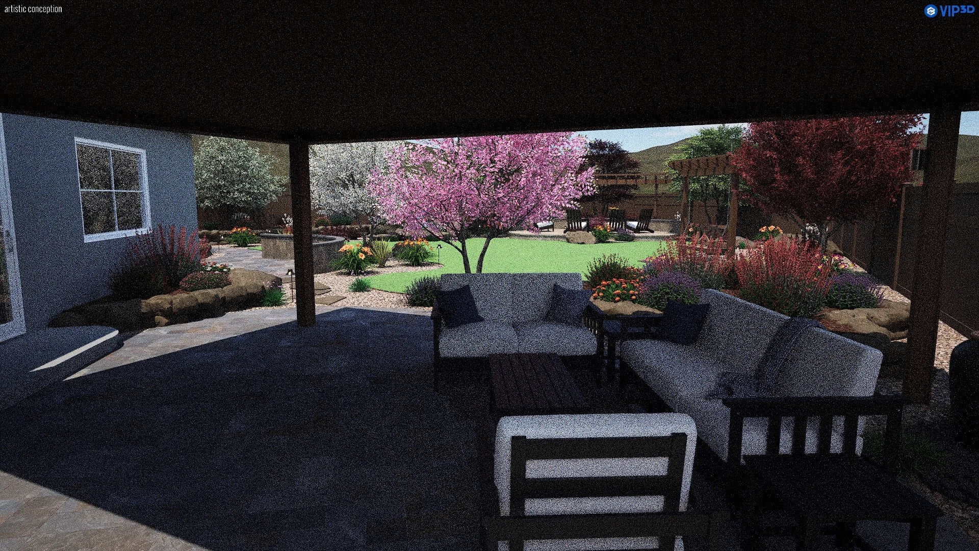 Large backyard 3D design with pergola, stone patio, planting, and outdoor living space
