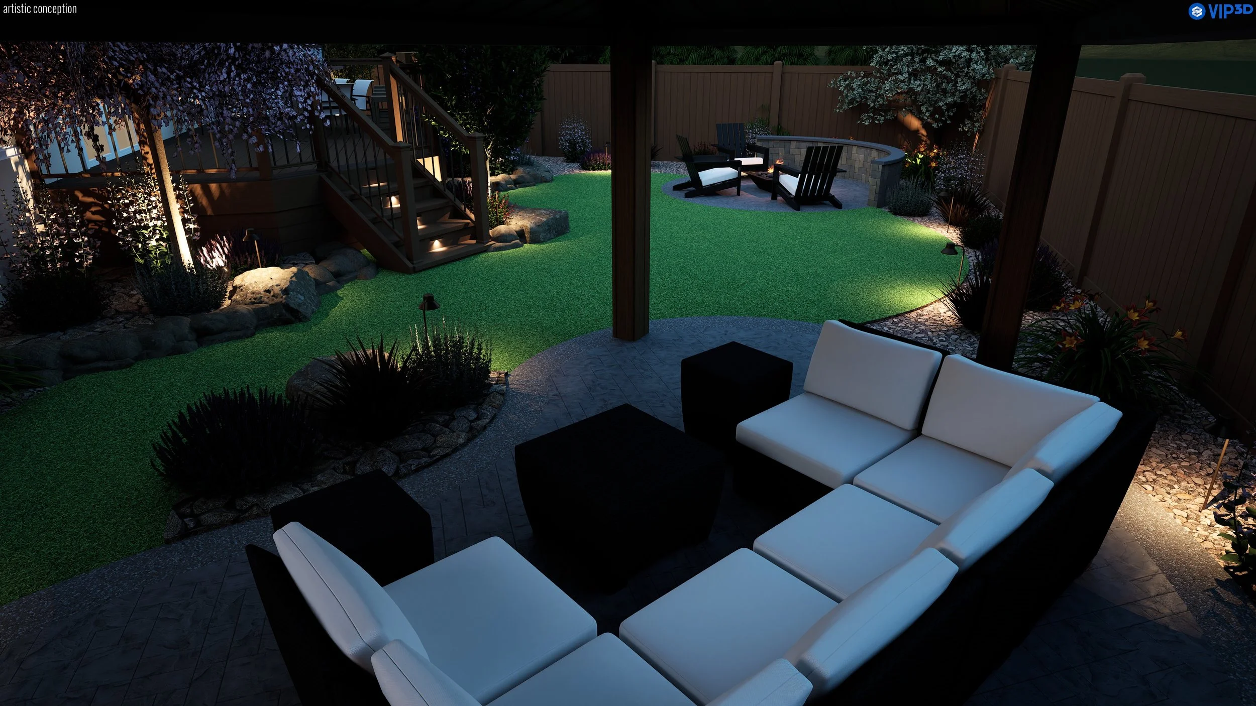 Night view of a backyard patio with white outdoor furniture, a fire pit, landscaped garden with rocks and plants, wooden stairs, and a tall wooden fence, illuminated by outdoor lighting.