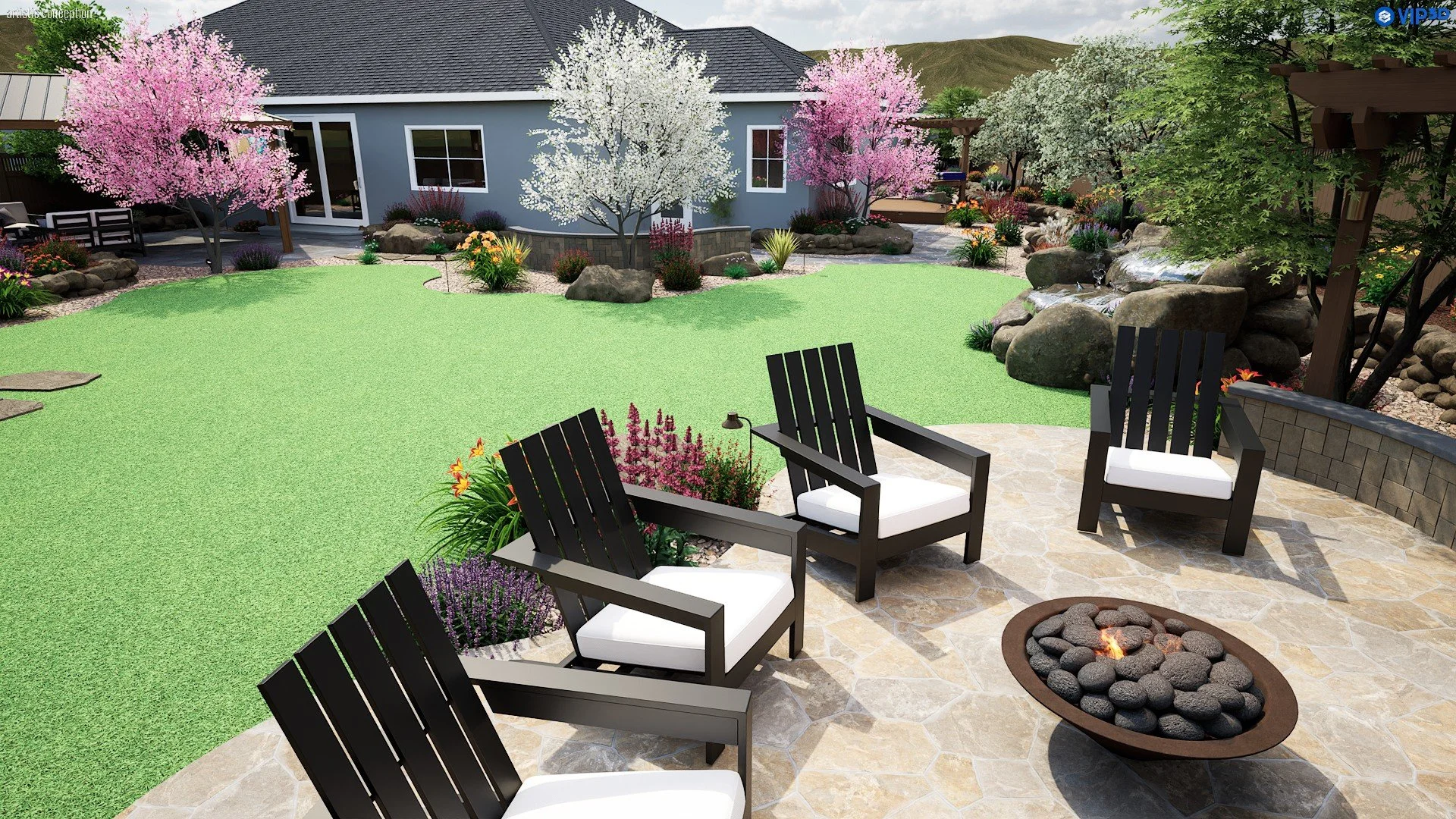 Backyard 3D design with low-maintenance planting, rock, boulders, and family-friendly lawn space. 