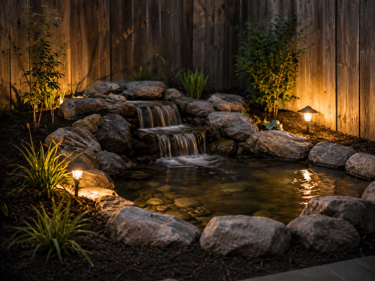 A backyard water feature with a small waterfall flowing into a pond, surrounded by rocks, plants, and solar-powered outdoor lights, with a wooden fence in the background.