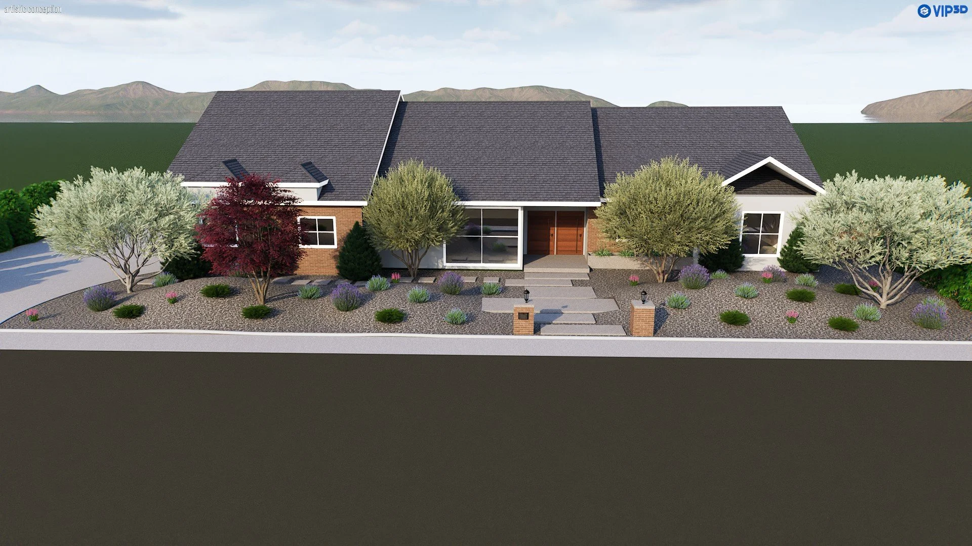 Rendering of a modern single-story house with a gabled roof, landscaped front yard with various trees and bushes, stepping stone pathway leading to the front door, and mountain landscape in the background.