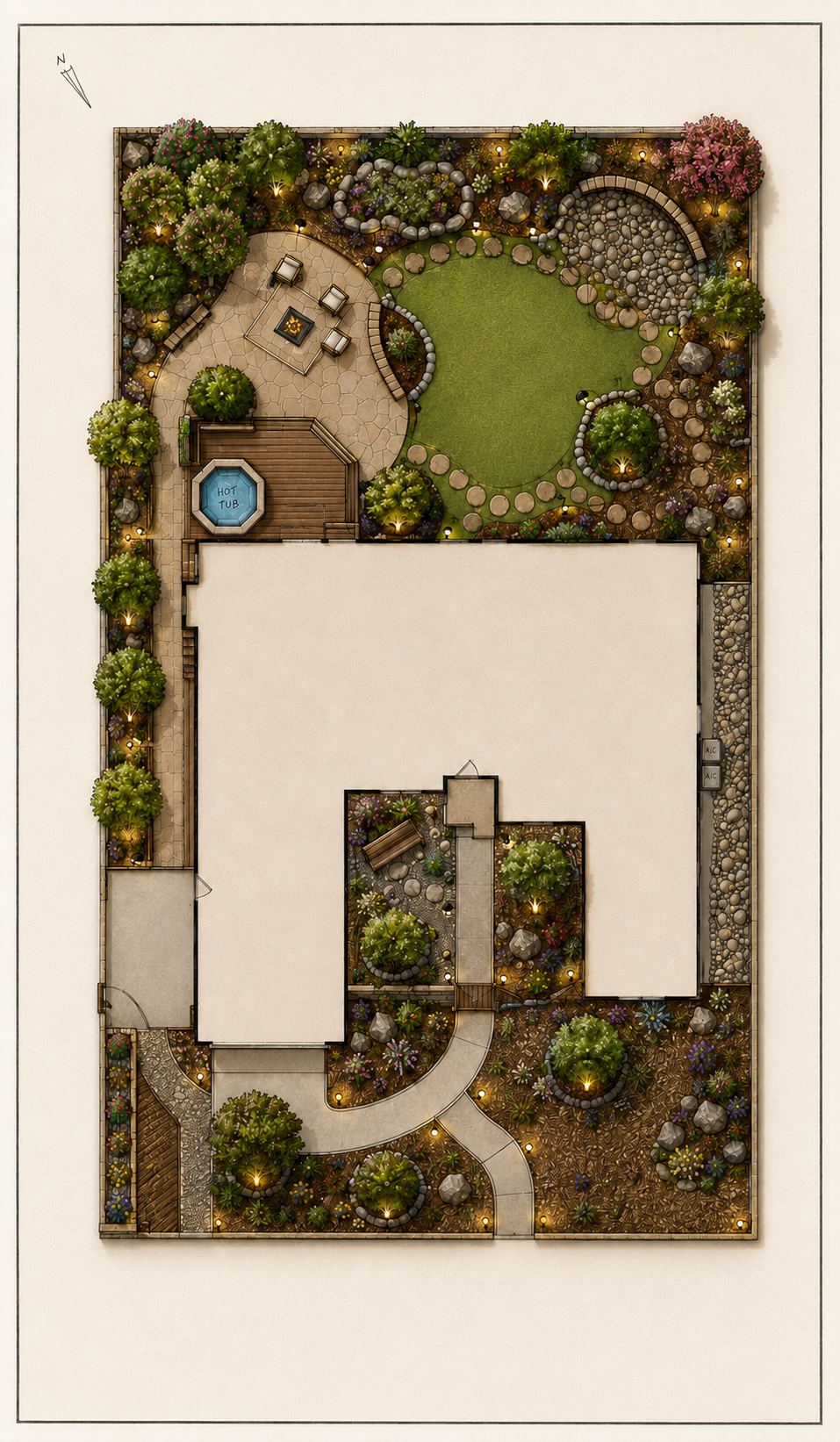 A landscaped backyard with a hot tub, patio furniture, a large grassy area, flower beds, trees, rock accents, paved walkways, and outdoor lighting surrounding the house.