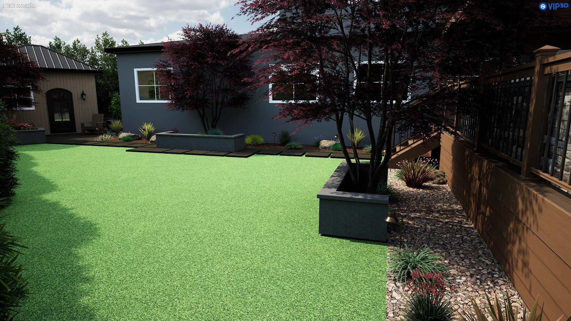 A backyard featuring artificial grass and a circular object, creating a modern outdoor space for relaxation and play.