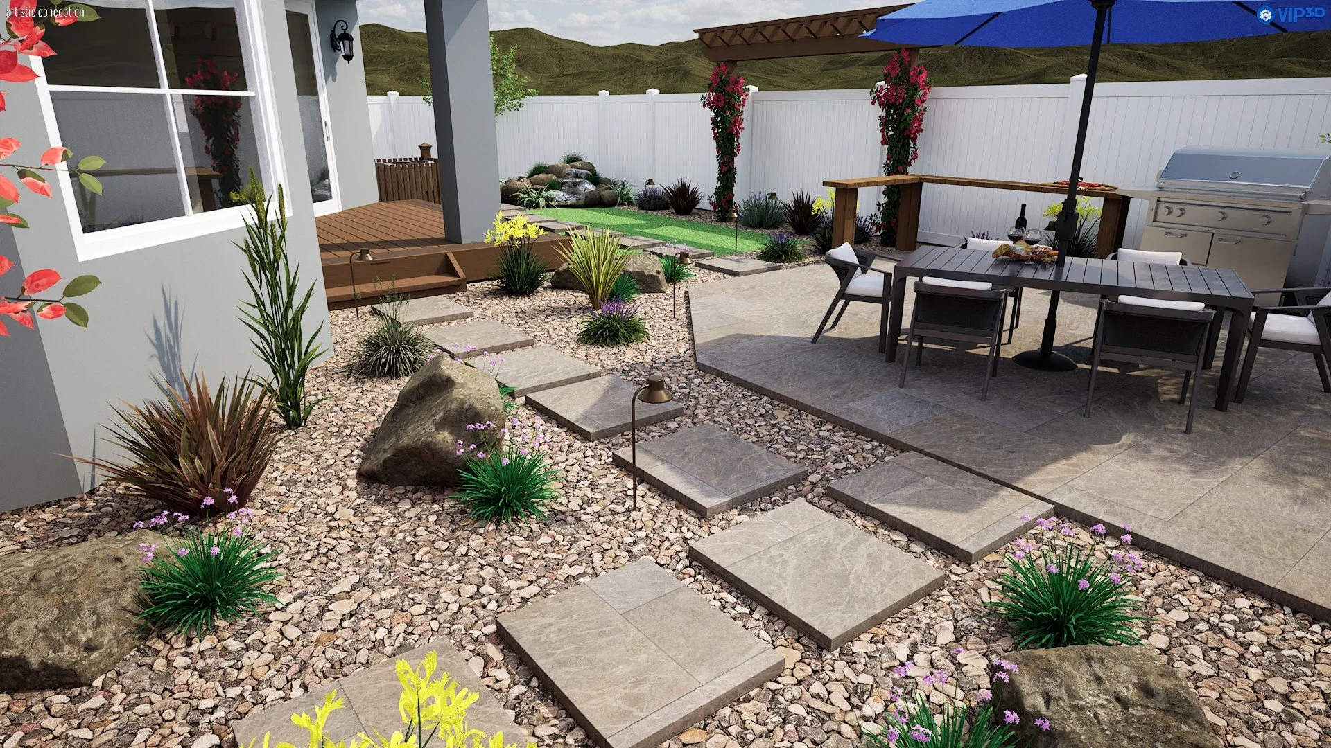 Compact outdoor living design with turf, pavers, planting, and modern low-maintenance features