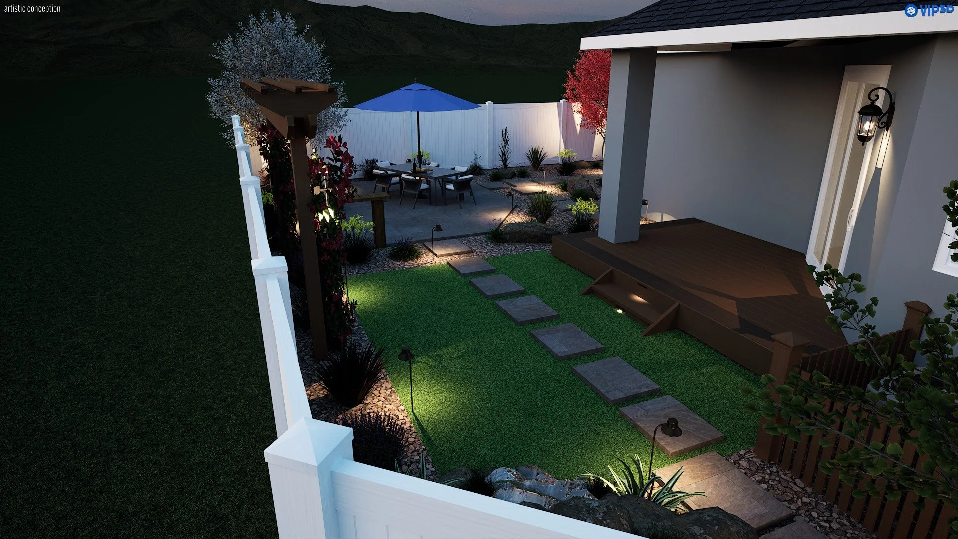 Nighttime townhome backyard rendering with lighting, patio area, and clean modern landscape layout