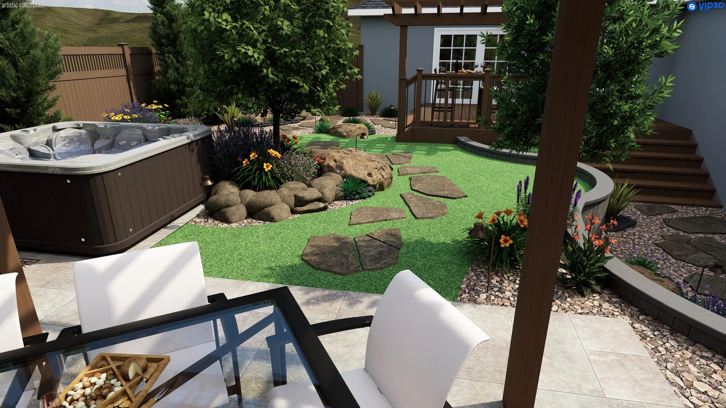 Dublin, CA drought-tolerant 3D landscape design with synthetic turf, decorative rock, and planting