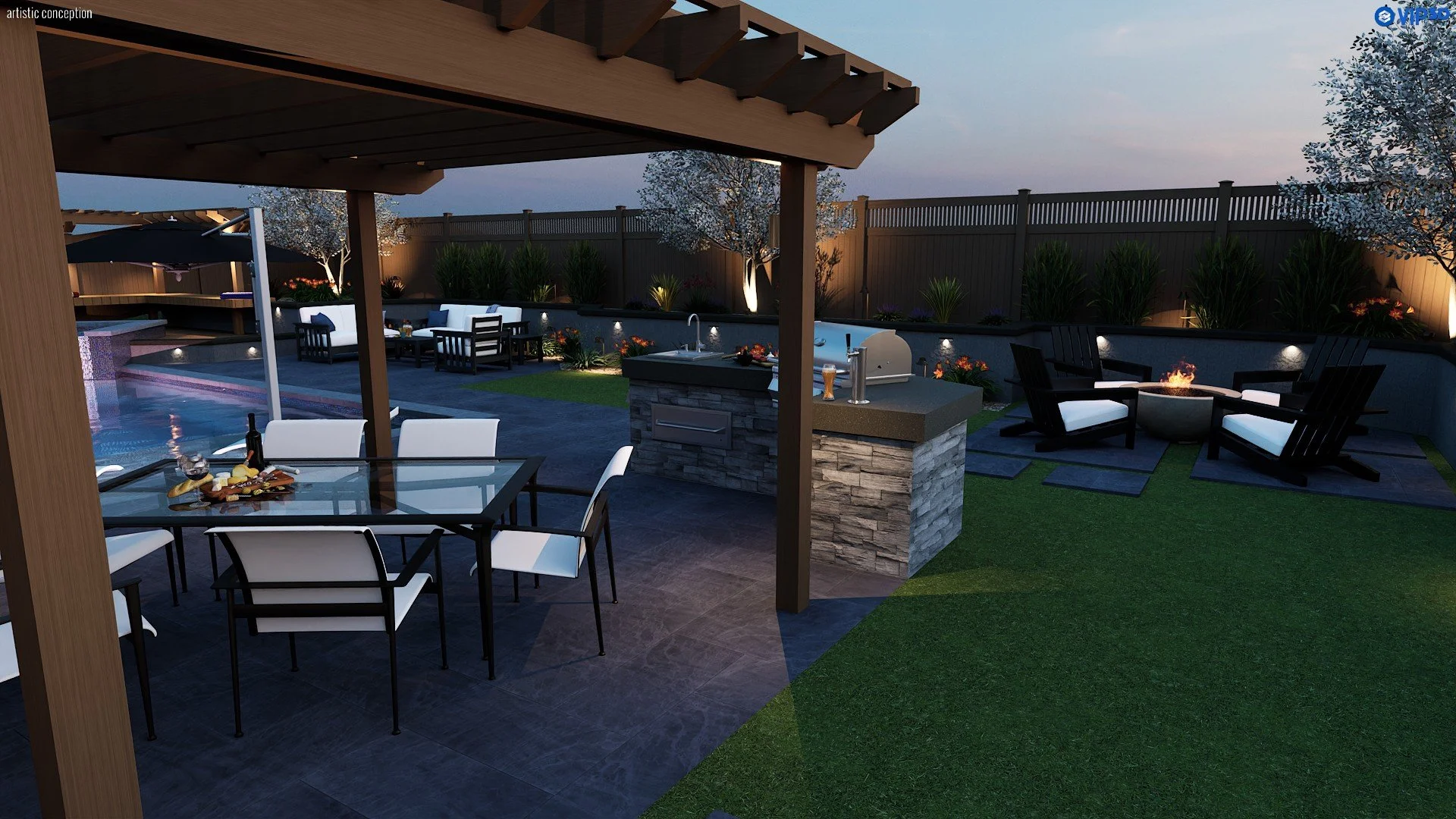 Night time pool design rendering with outdoor lighting, patio furniture, and backyard entertaining space