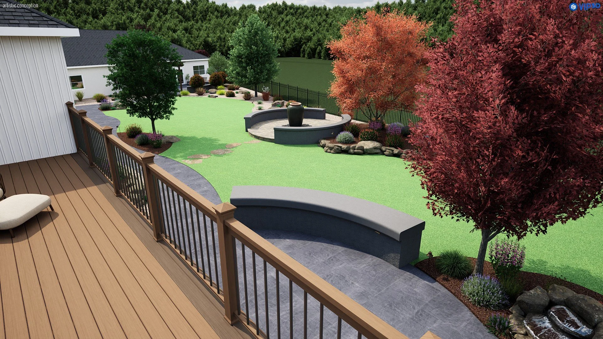 Large backyard design in Pleasanton, CA with curved walkways, decorative rock, and outdoor living areas