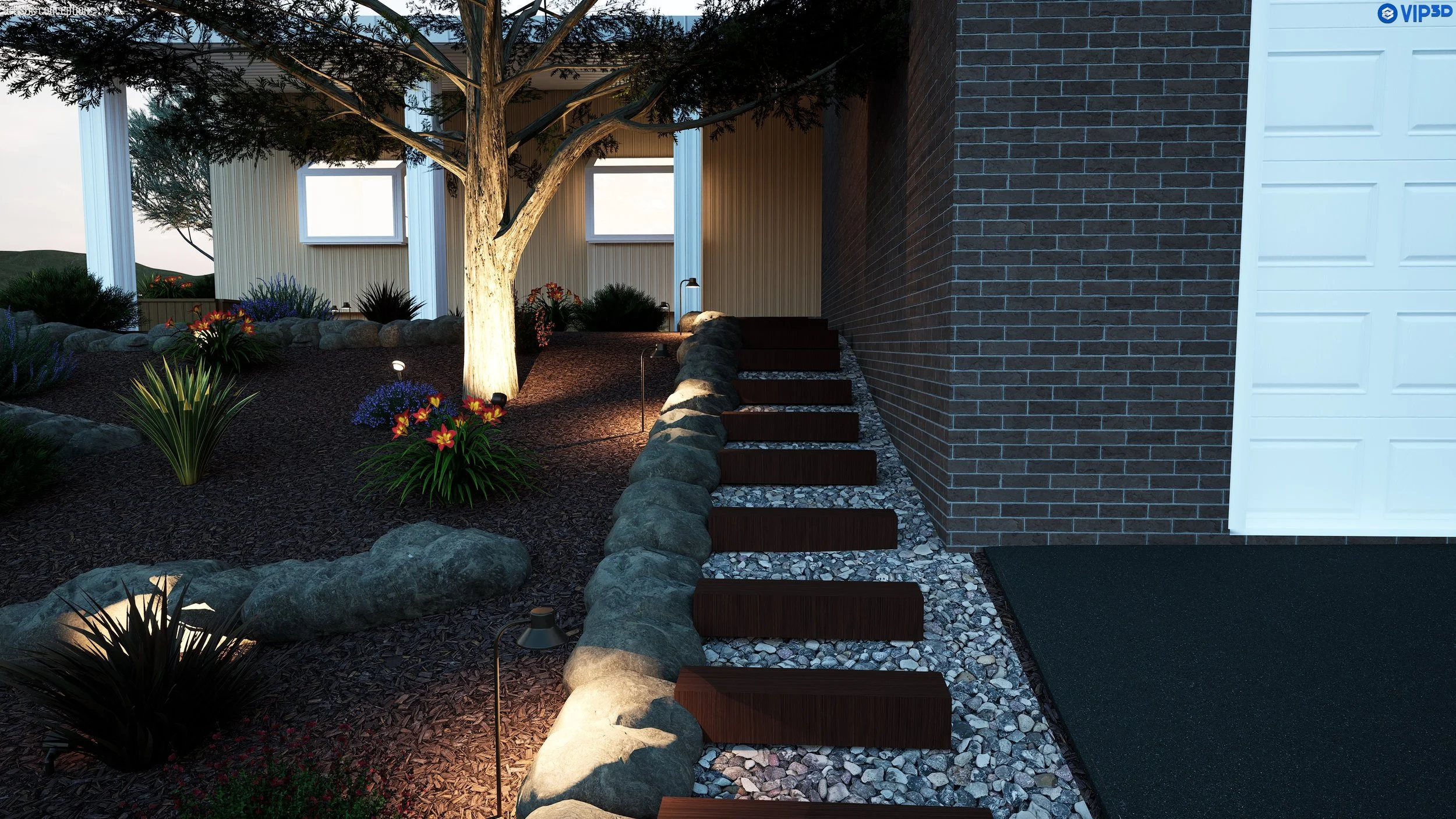 Nighttime outdoor scene of a modern house side yard with a large lit tree, landscaped garden with various plants, rocks, and pathway steps, and part of a blue garage door visible.