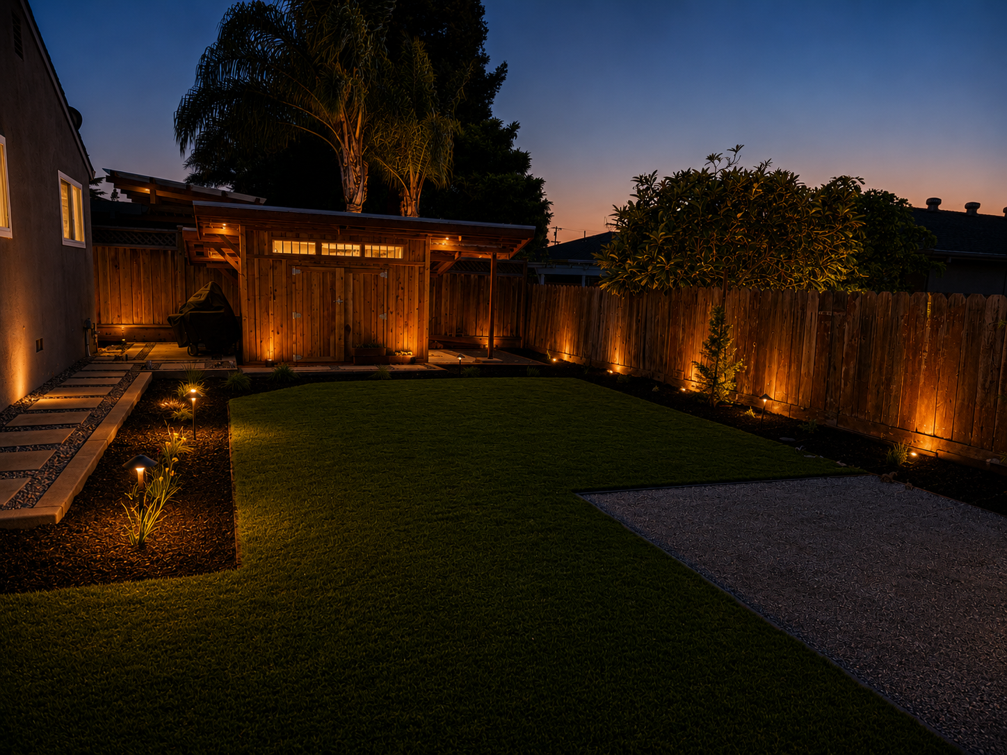 A backyard at dusk with a wooden fence, a small garden shed, outdoor lighting, and a well-maintained grass lawn.