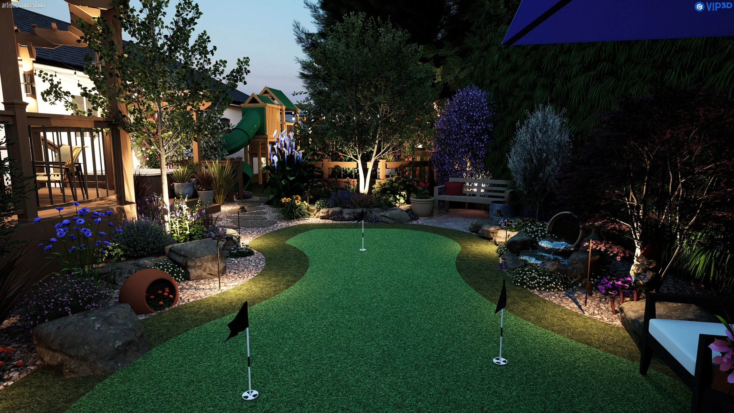 A backyard mini-golf course at dusk with a putting green, flags, rocks, potted plants, trees, a wooden fence, a slide, benches, and decorative lighting.