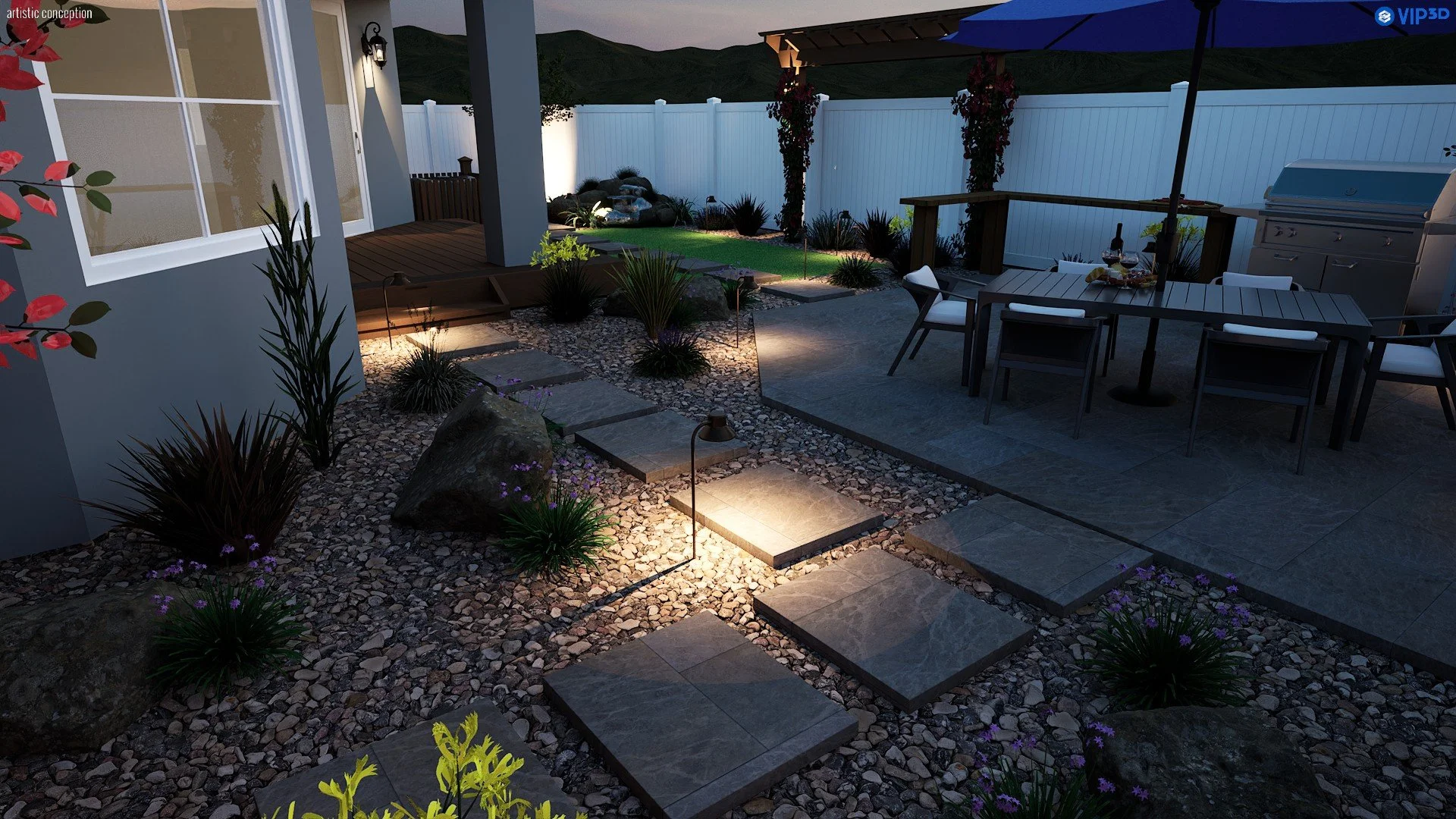Nighttime townhome backyard rendering with lighting, patio area, and clean modern landscape layout.