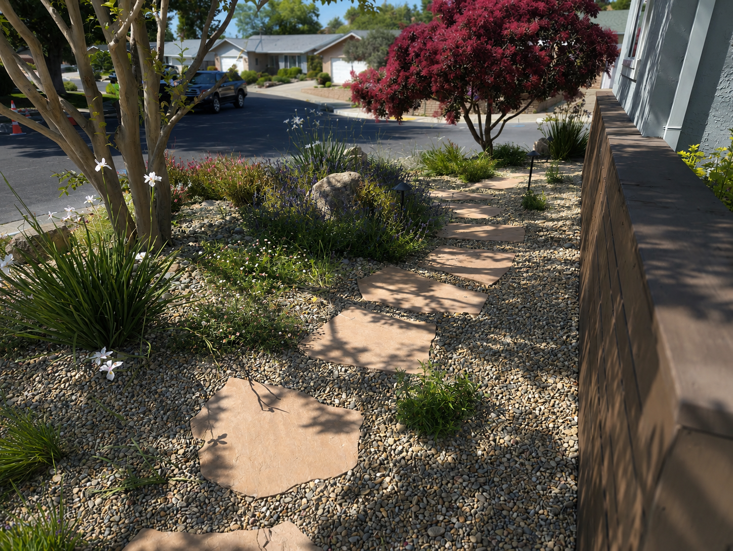 A landscaped front yard with a stone pathway, various plants, and trees, beside a wooden fence and residential street.