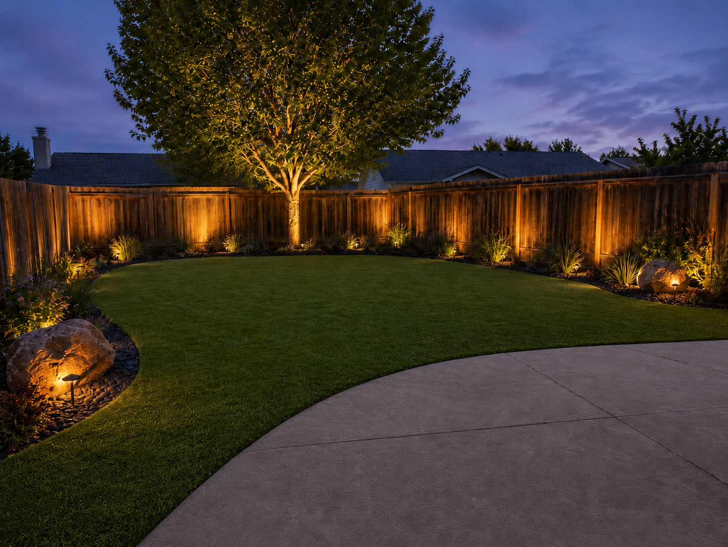 Backyard at dusk with a lit tree and garden lighting, fenced yard, green lawn, concrete patio, and cloudy sky.