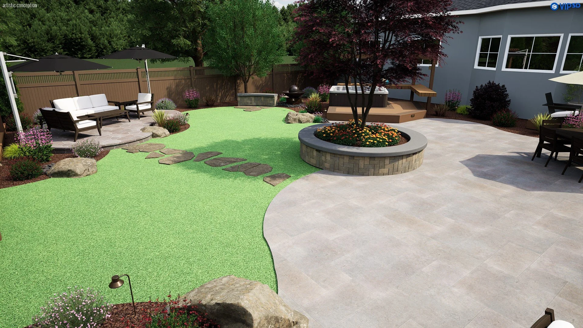 Rustic outdoor living design with patio seating, dining area, turf, planting, and lighting. 