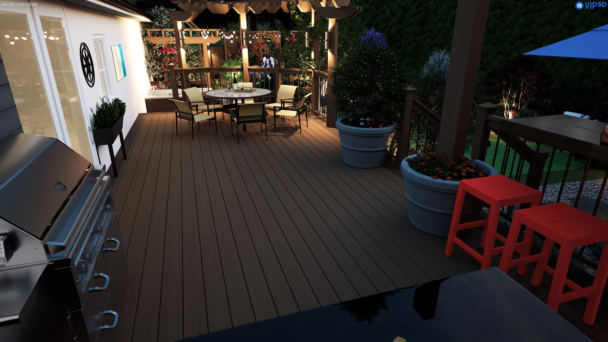 Nighttime scene of an outdoor deck with a dining table and six chairs, surrounded by potted plants, string lights, and trees.