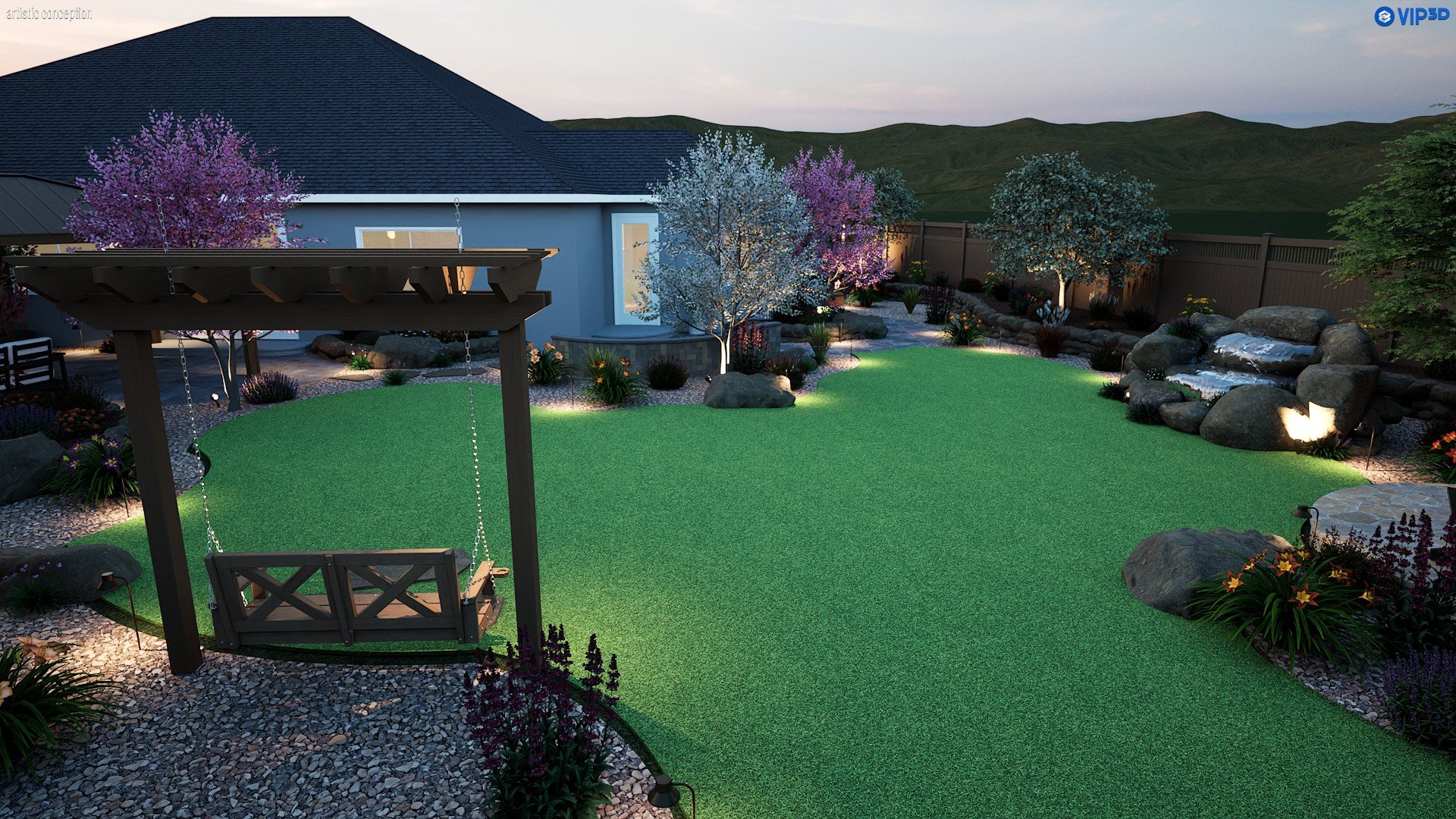 Night time 3D landscape rendering showing outdoor lighting, turf, patio, and seating area.
