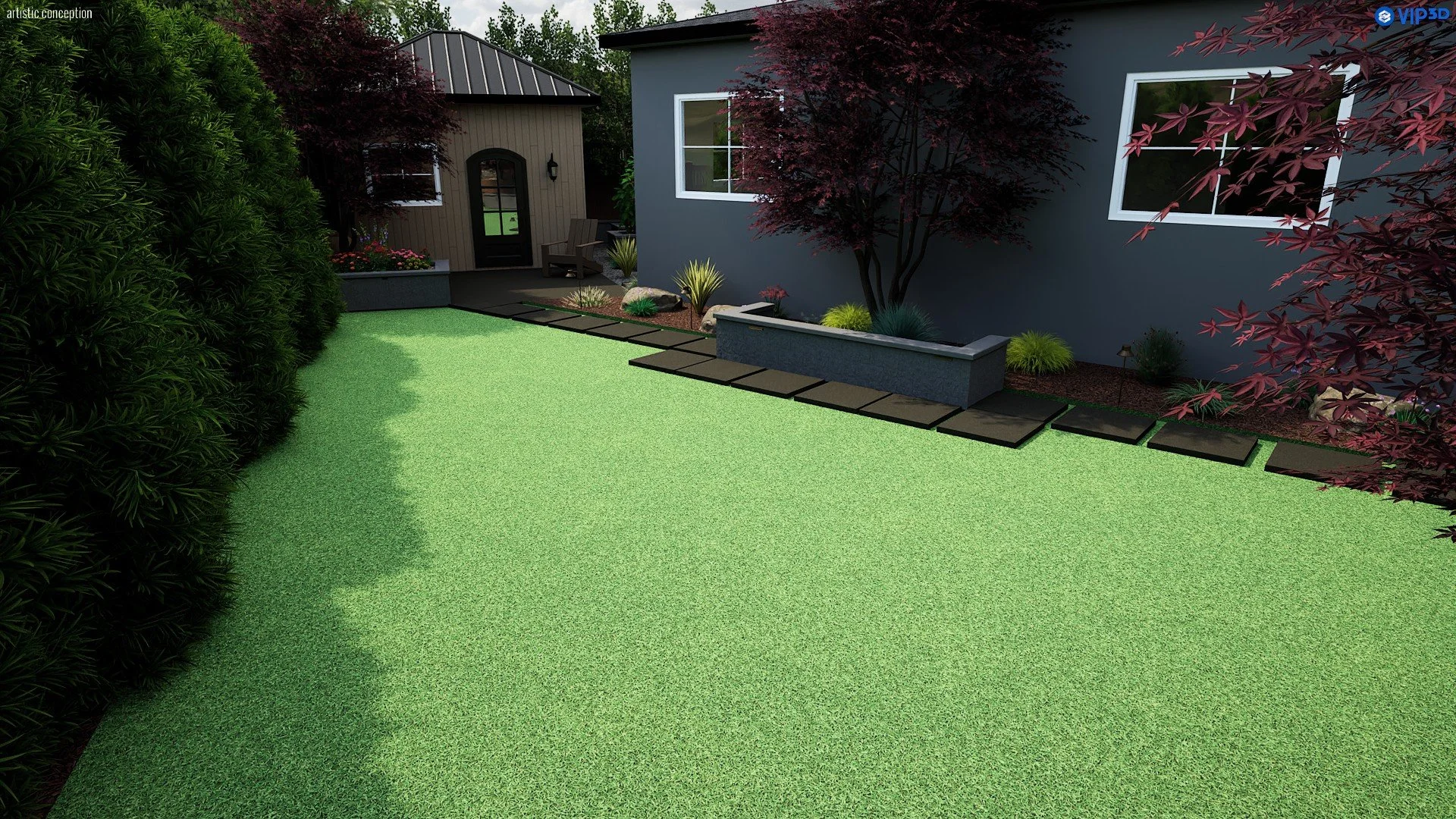 Small backyard design in Castro Valley, CA with turf, deck, patio space, and low-maintenance planting. 