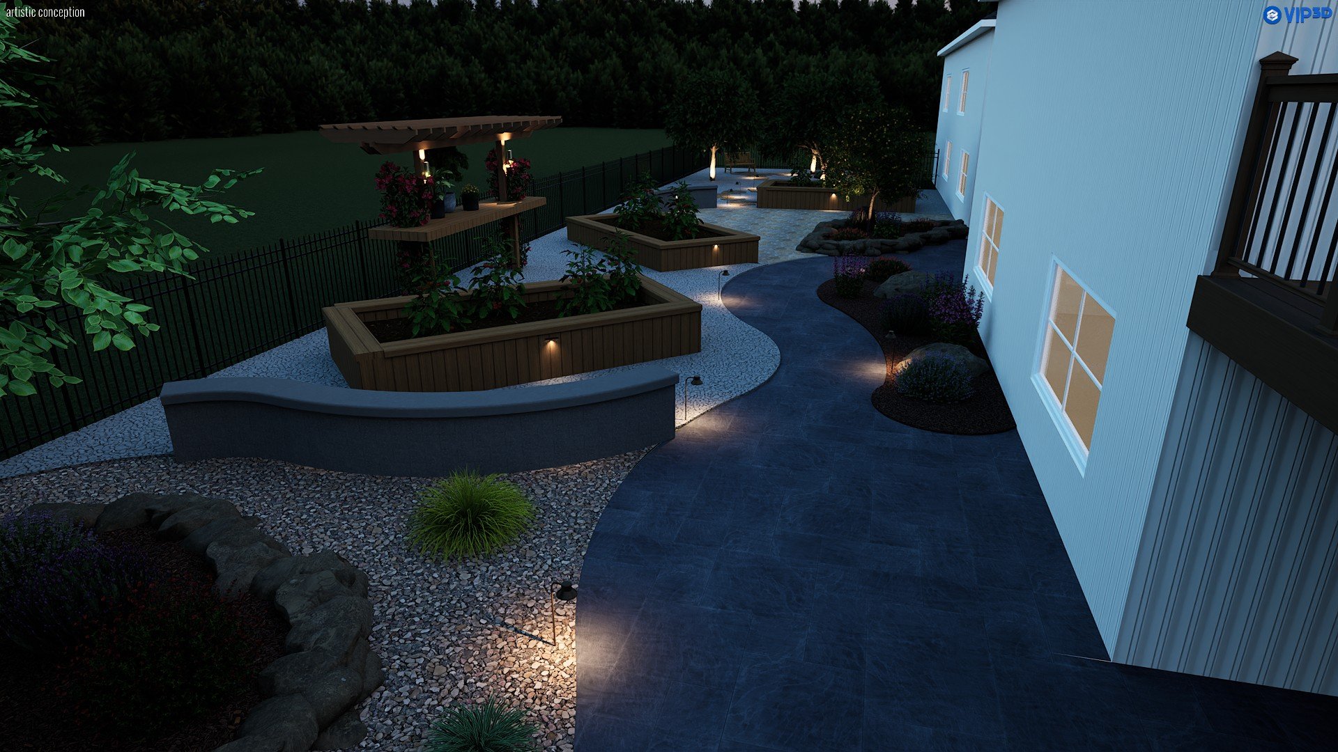 Nighttime estate landscape rendering with outdoor lighting, planting, and backyard entertaining space