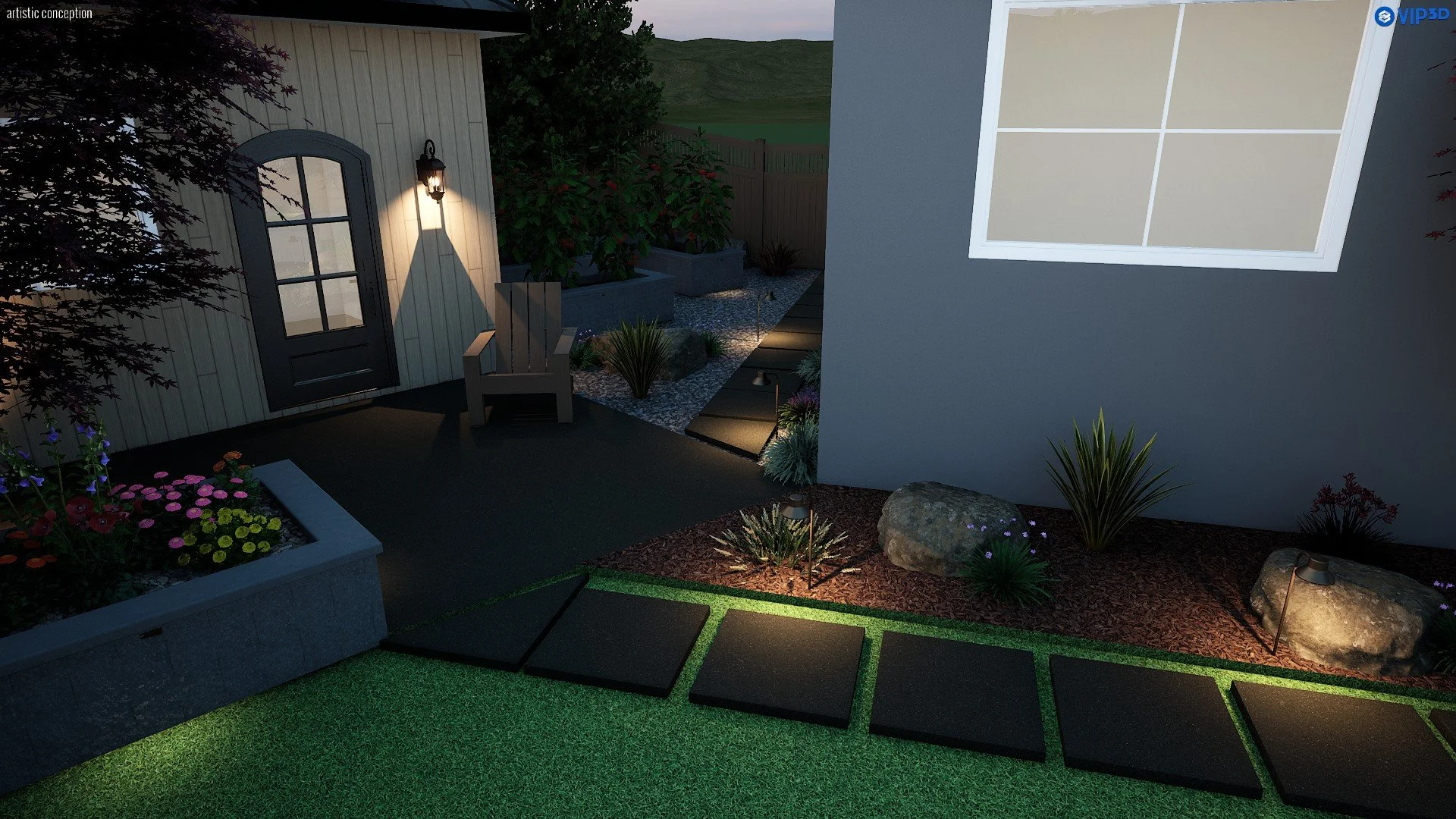 Small backyard design in Castro Valley, CA with turf, deck, patio space, and low-maintenance planting. 