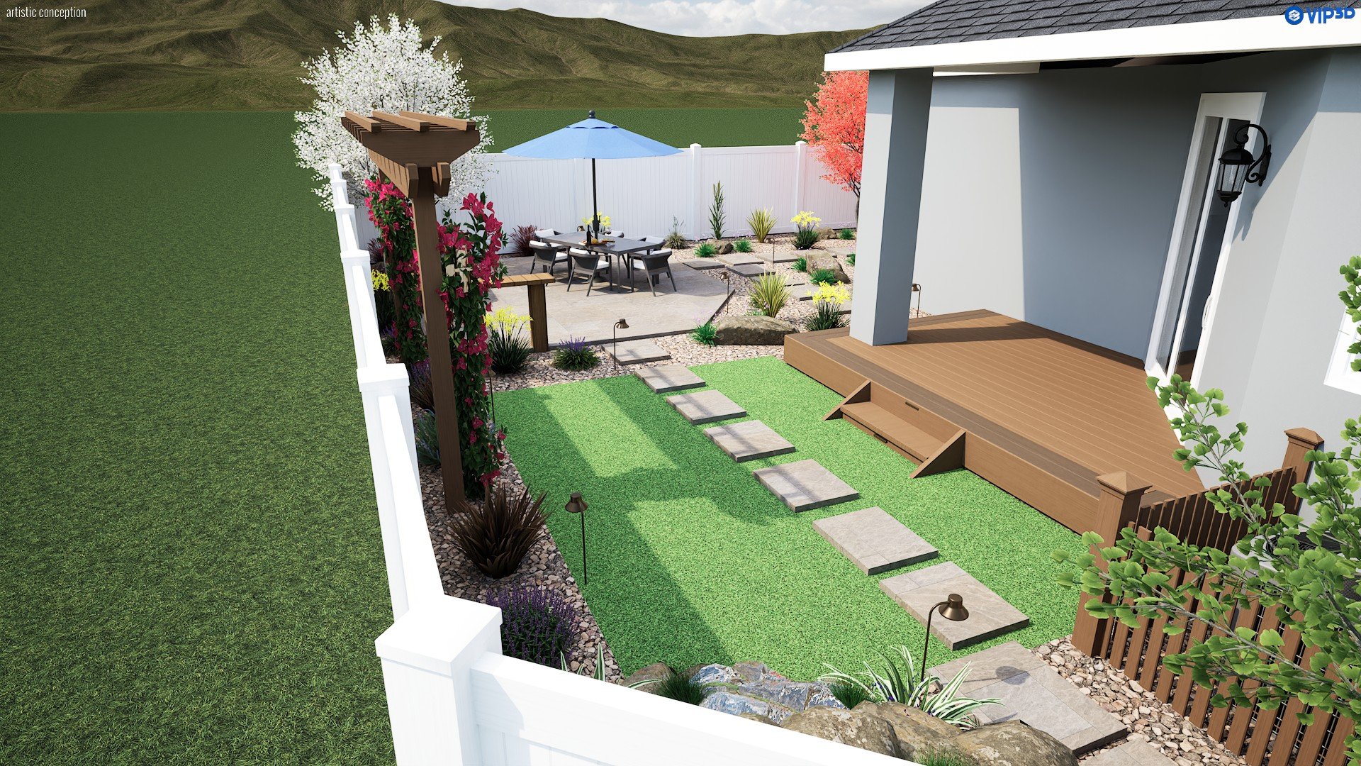 3D rendering showing a compact backyard with modern patio space and low-maintenance planting