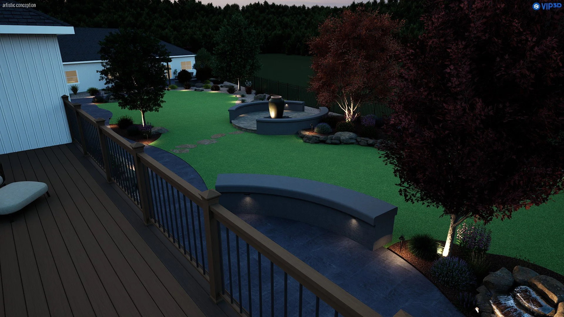 Large backyard design in Pleasanton, CA with curved walkways, decorative rock, and outdoor living areas. 