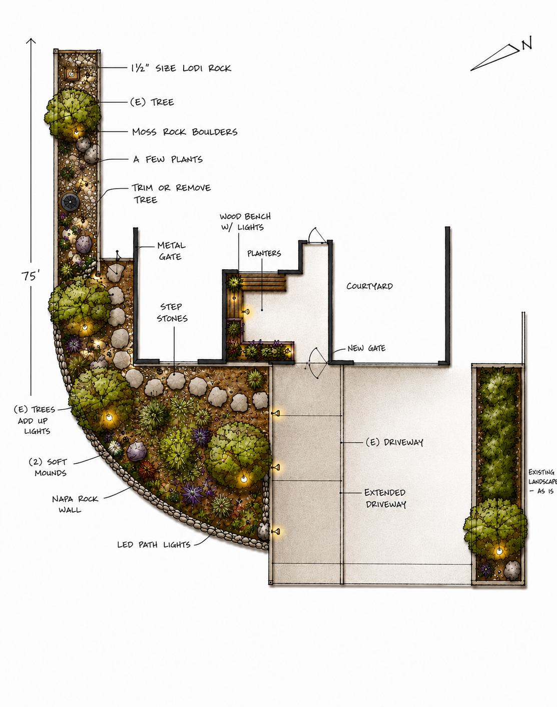 Landscape design plan with trees, rocks, plants, lighting, and pathways around a courtyard and driveway.