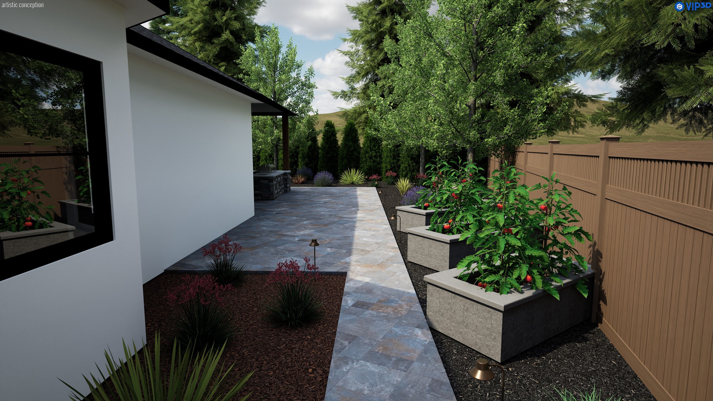 Modern low-maintenance backyard design with turf, planting, garden boxes, and seating area