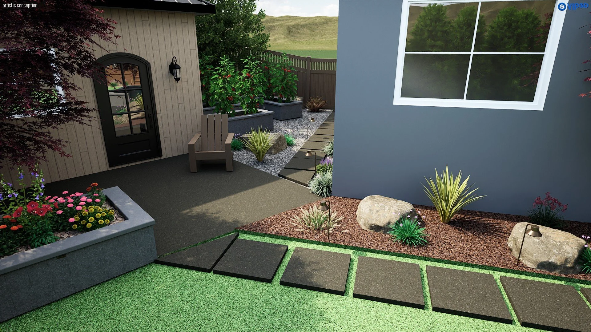 Small backyard design in Castro Valley, CA with turf, deck, patio space, and low-maintenance planting.