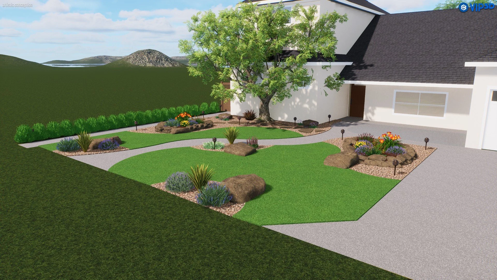 A landscaped front yard with a large tree, colorful flower beds bordered by rocks, manicured grass, and a concrete walkway leading to a house with white walls and a dark gray roof.