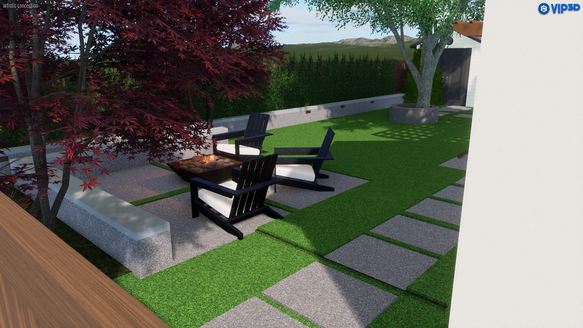 A modern backyard patio with four black Adirondack chairs surrounding a fire pit, a red Japanese maple tree, a lush green lawn, stone pathway, and a large tree planted in a concrete planter, enclosed by a green hedge with a wooden fence and mountains