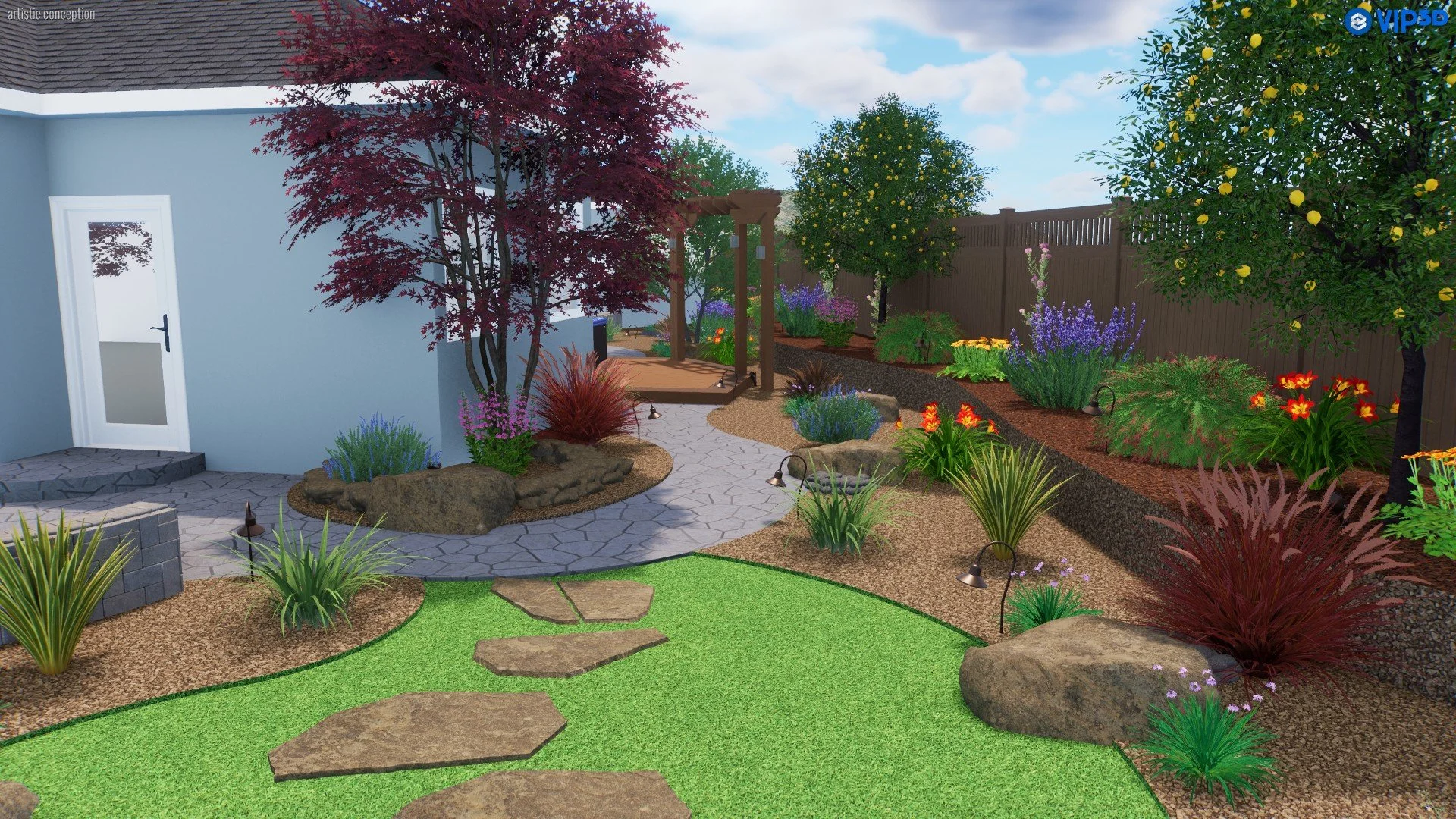 A landscaped backyard garden with a stone pathway, a small wooden deck, various colorful plants, shrubs, and trees, including a red-leafed tree, a lemon tree, and a flowering bush, all enclosed by a wooden fence.