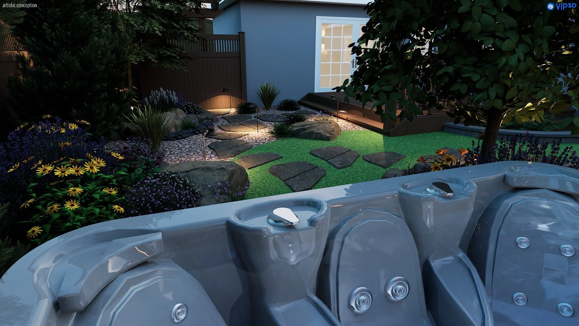 3D landscape design concept showing a low-maintenance backyard with patio space and outdoor seating. 