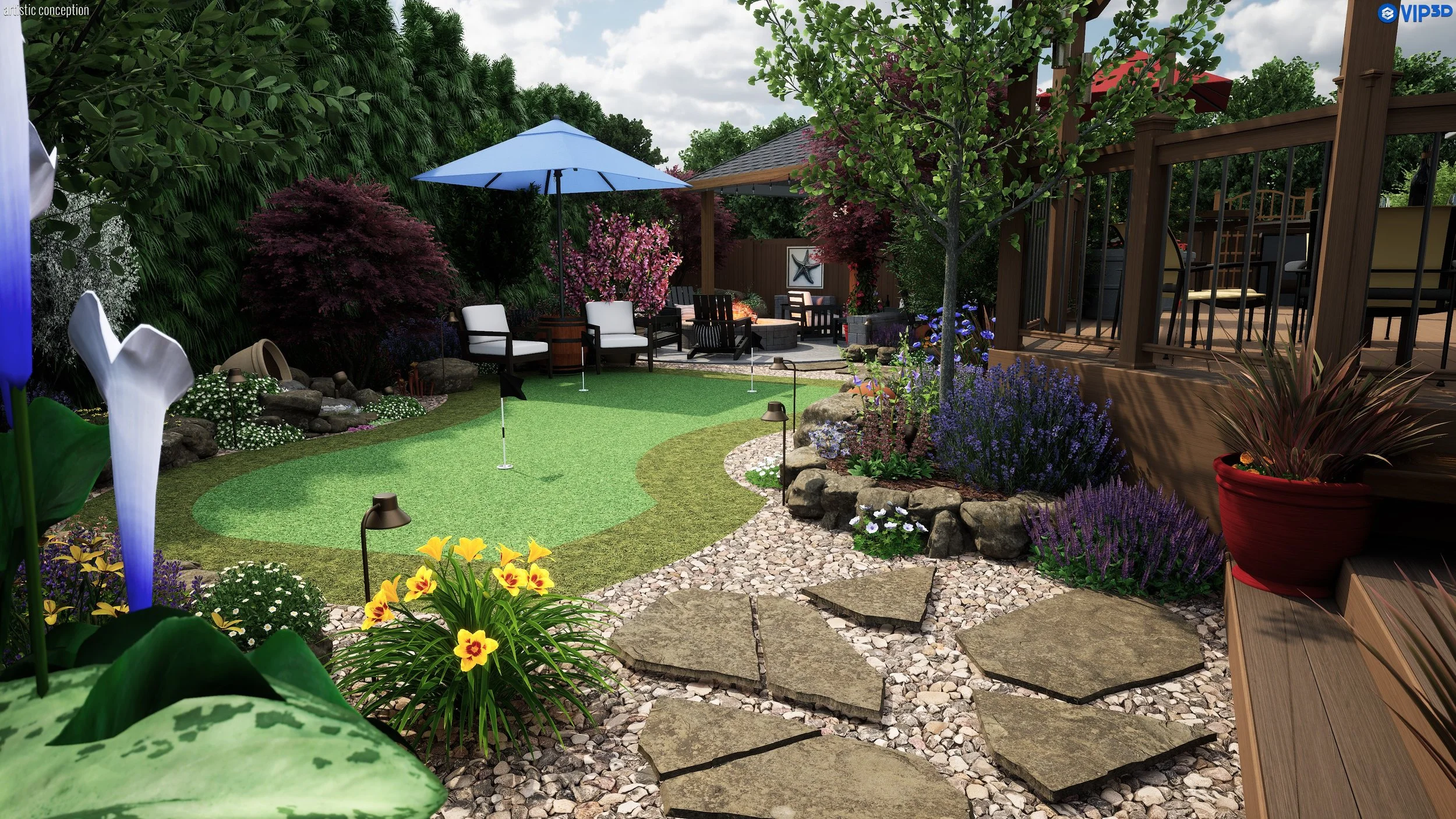 A well-maintained backyard with a putting green, various colorful flowers, shrubs, and small trees. There is an outdoor seating area with chairs, umbrellas, and a fire pit, surrounded by a wooden deck. Pathways made of large stepping stones and small