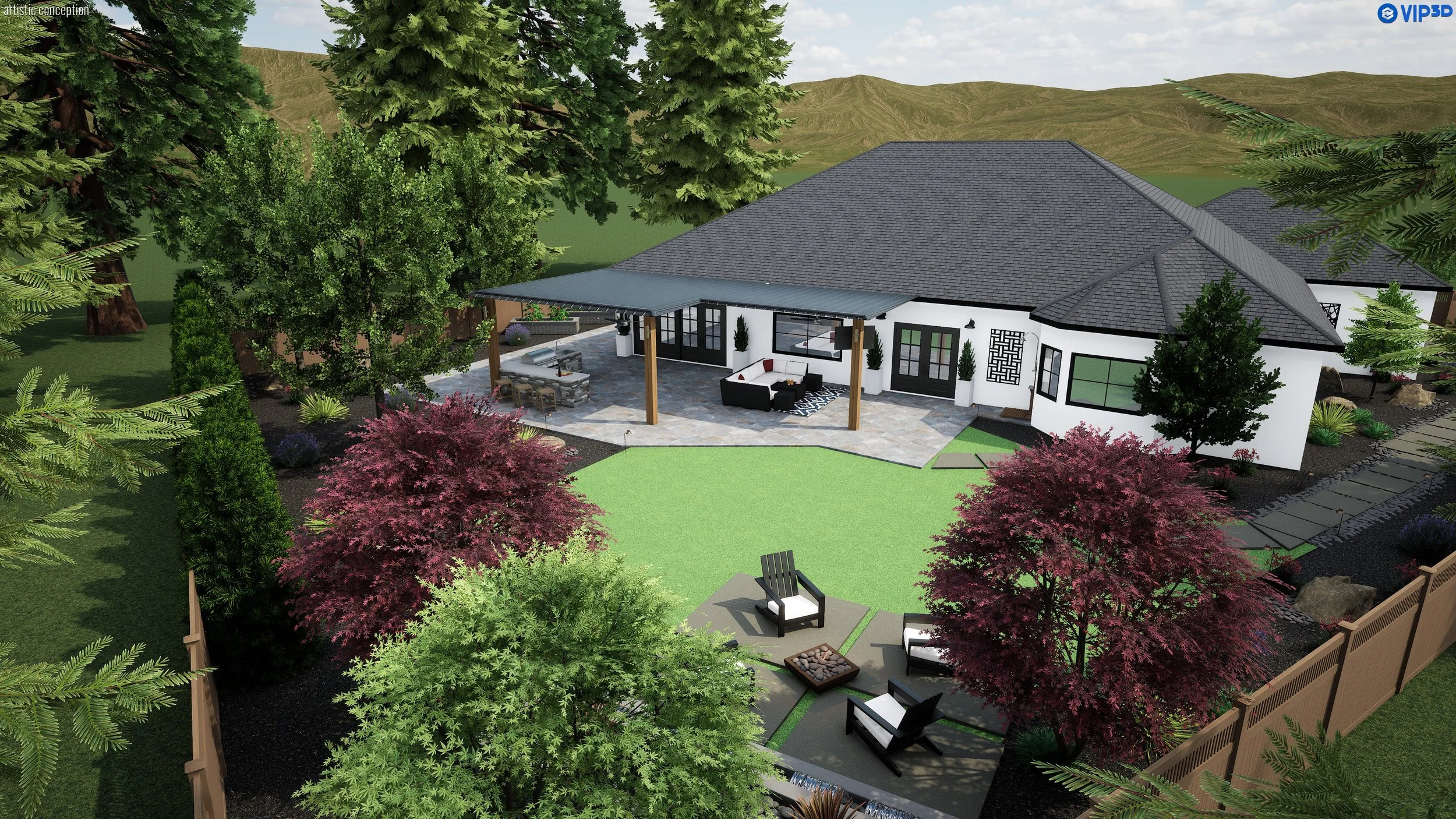 3D backyard landscape design in Danville with synthetic turf and modern patio. 