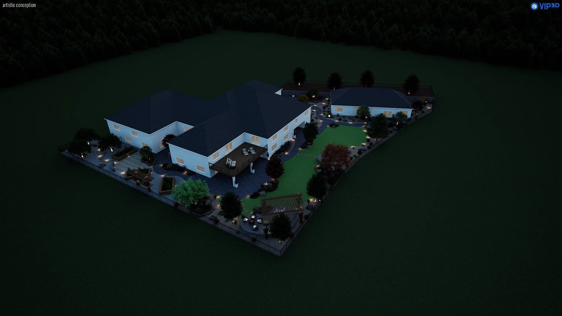Pleasanton estate 3D landscape design with large patio space, turf, and planting. 