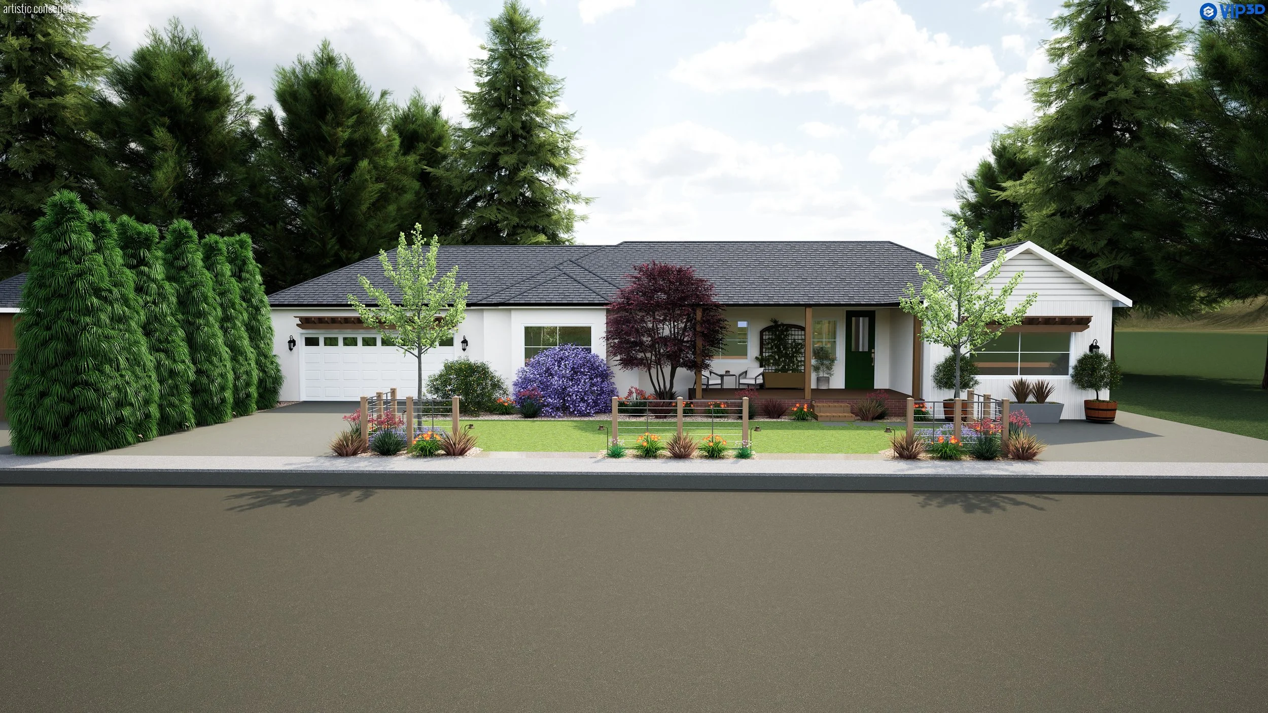 Front view of a modern, single-story house with a dark gray roof, white exterior walls, a manicured front yard with colorful flowers, small trees, and large evergreen trees in the background.