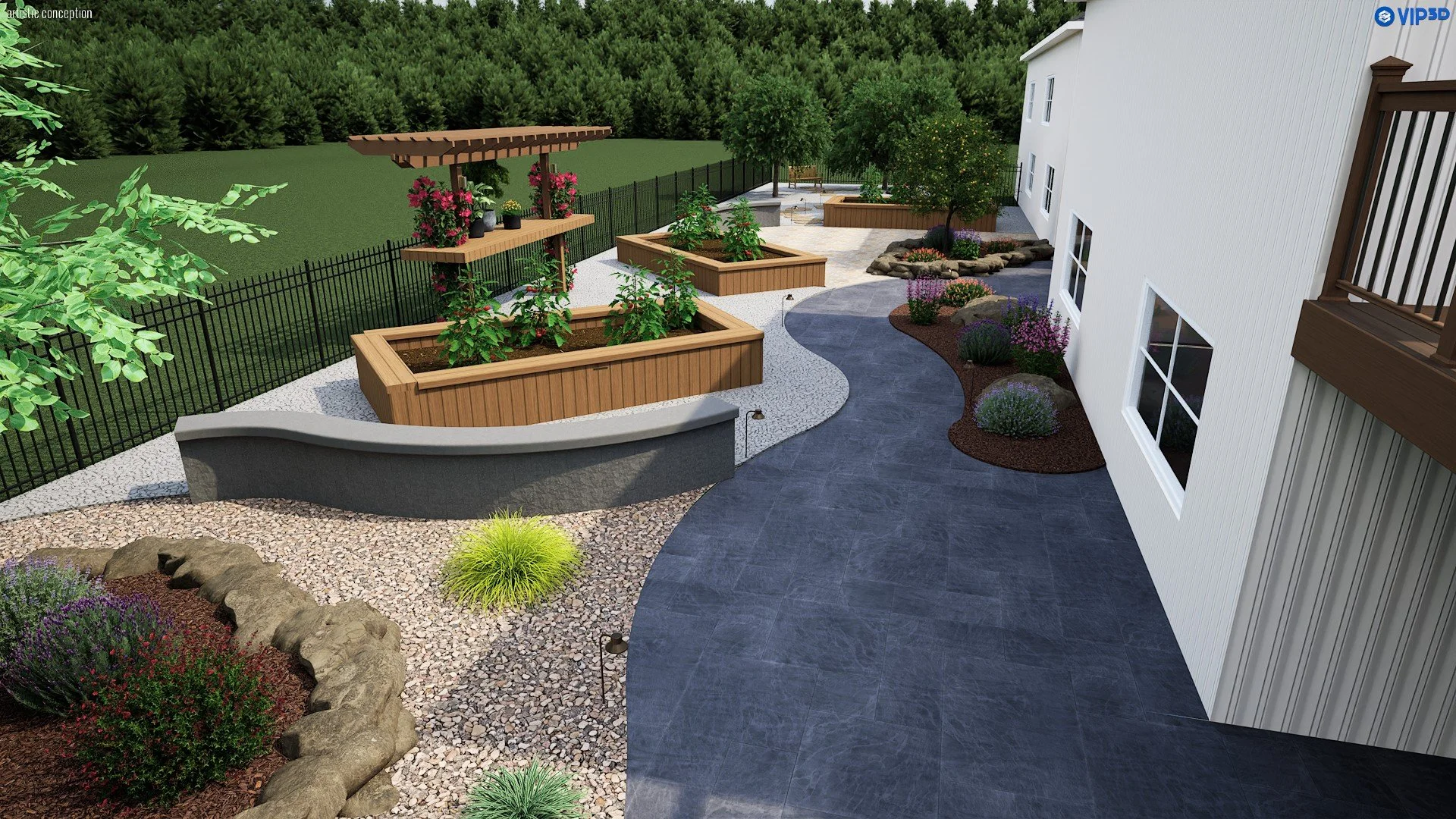 3D estate landscape plan with turf, planting beds, hardscape, ADU layout, and expansive backyard design. 