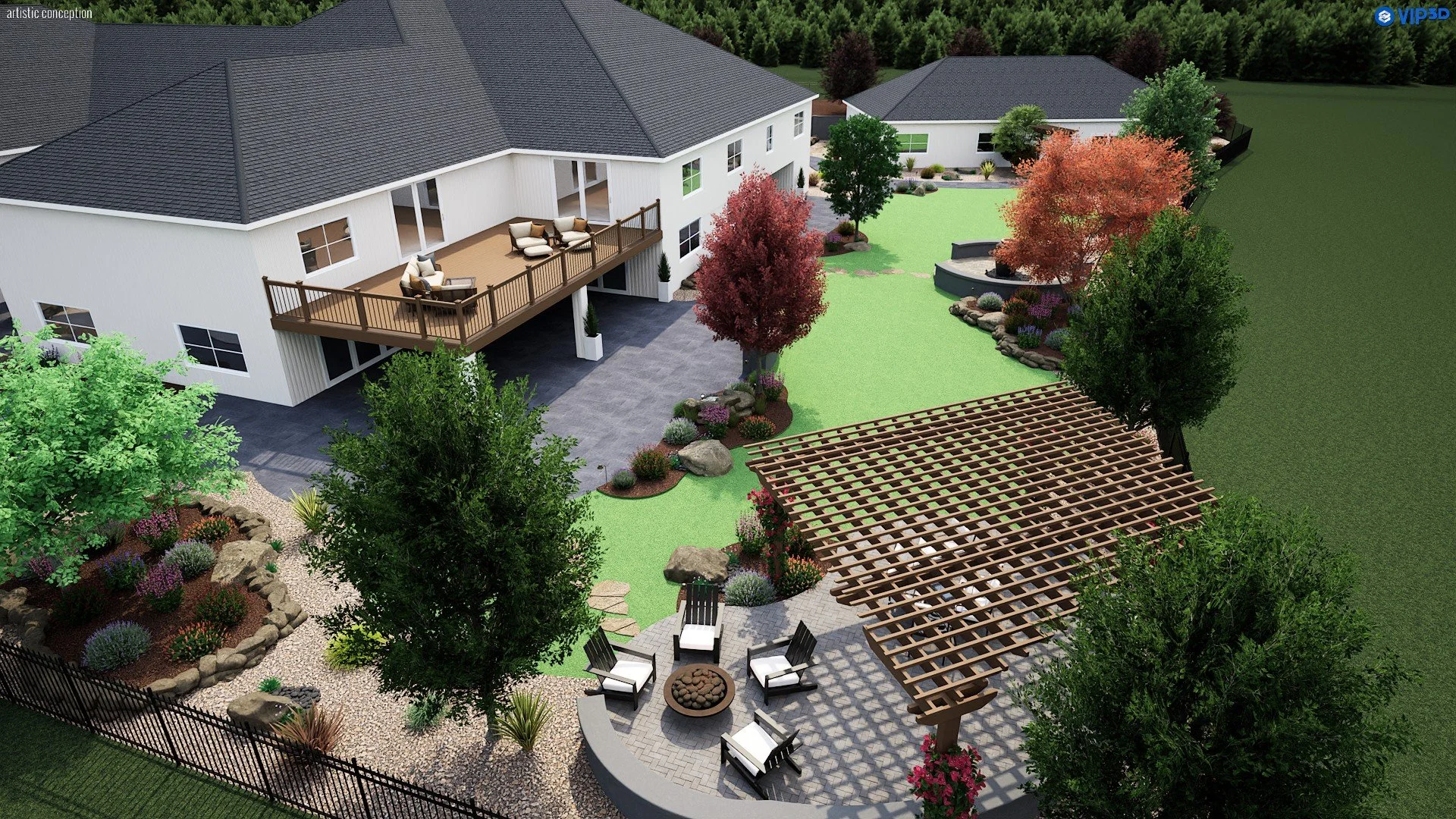 3D landscape rendering showing a spacious estate yard with patio areas, raised planters, and synthetic turf. 