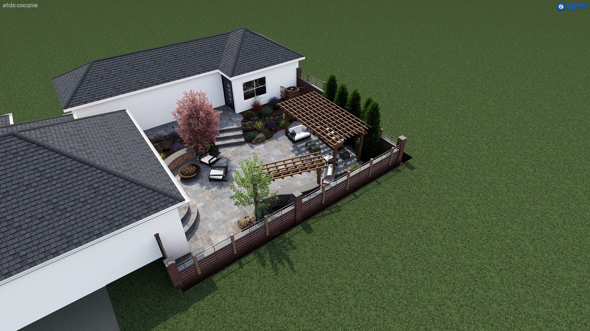 3D outdoor living design in San Ramon, CA with patio, pergola, and built-in BBQ area