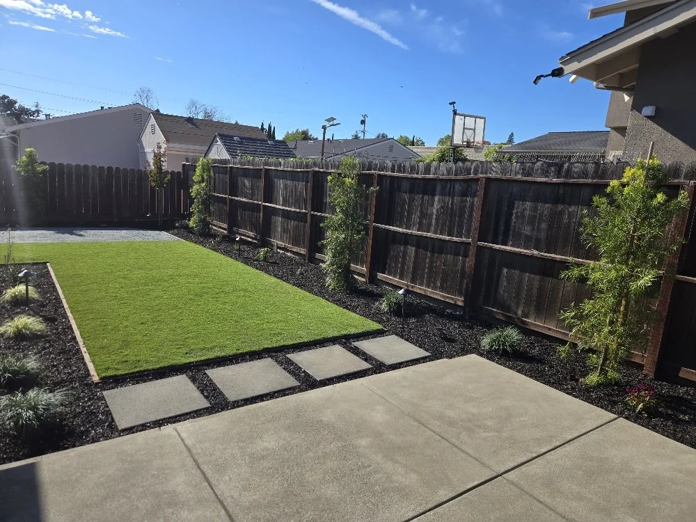 A backyard with a freshly mowed green lawn, concrete pavers, a sidewalk, and a wooden fence with small plants and trees along the fence line; a basketball hoop and neighboring houses are visible in the background under a blue sky.