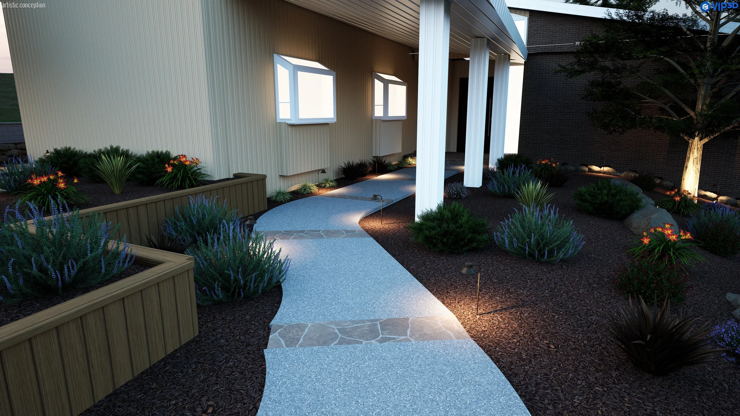 A landscaped pathway outside a modern building with large windows, surrounded by colorful plants and small lights, during evening or dusk.