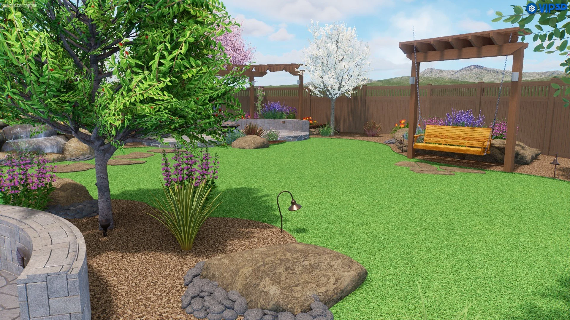 A landscaped backyard with green grass, various flowering plants, a tree with white blossoms, a wooden pergola, a wooden swing, and stone pathways, enclosed by a wooden fence with mountains in the background.